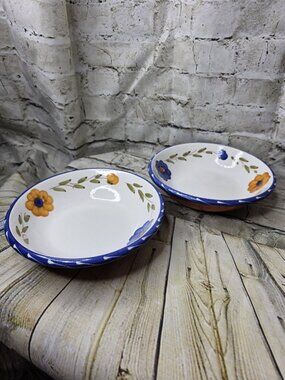 2 Furio Italy LA SPEZIA Lg Coupe Pasta Soup Bowl 9 1/4" Blue Yellow Flowers